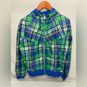 Nike Blue Green Plaid Hooded Lightweight Windbreaker Running Jacket sz L